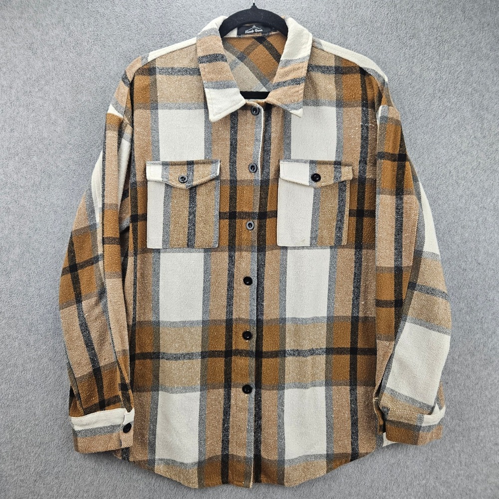TRENDY QUEEN | Brown Plaid Flannel Shacket Womens Medium Cozy cabincore